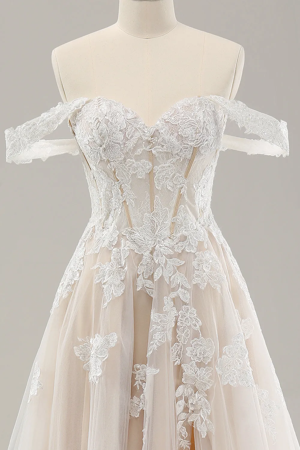 White A Line Off The Shoulder Appliques Lace Corset Wedding Dress with Slit sold by Wedtrend product image thumbnail 4