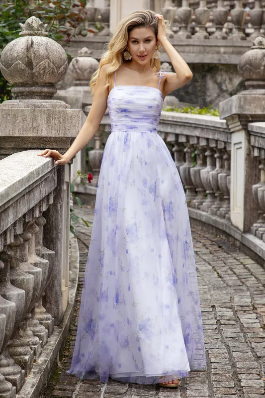 Lavender Flower A Line Spaghetti Straps Ruched Tulle Print Bridesmaid Dress made by Wedtrend