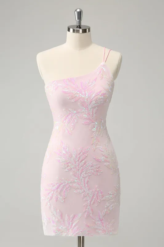Sparkly Pink Bodycon One Shoulder Short Homecoming Dress with Sequins sold by Wedtrend