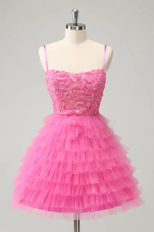 Pink A Line Spaghetti Straps Tiered Corset Short Homecoming Dress with Sequins made by Wedtrend