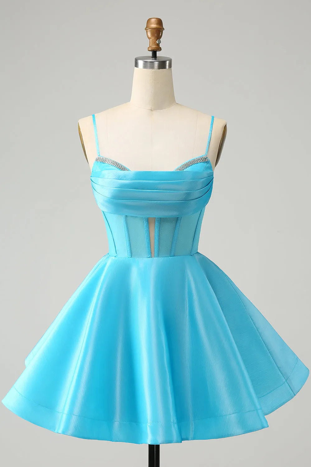 Blue A Line Spaghetti Straps Corset Short Homecoming Dress with Beading sold by Wedtrend