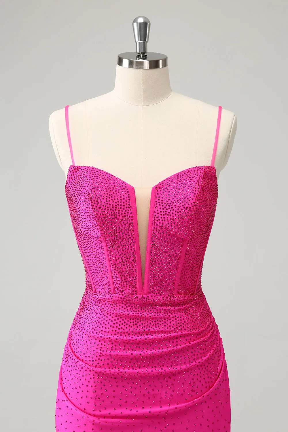 Fuchsia Bodycon Spaghetti Straps Corset Short Homecoming Dress with Beading sold by Wedtrend product image thumbnail 4