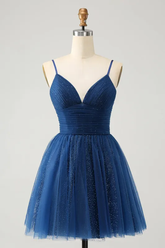 Glitter Navy A Line Spaghetti Straps Pleated Tulle Short Homecoming Dress with Sequins made by Wedtrend