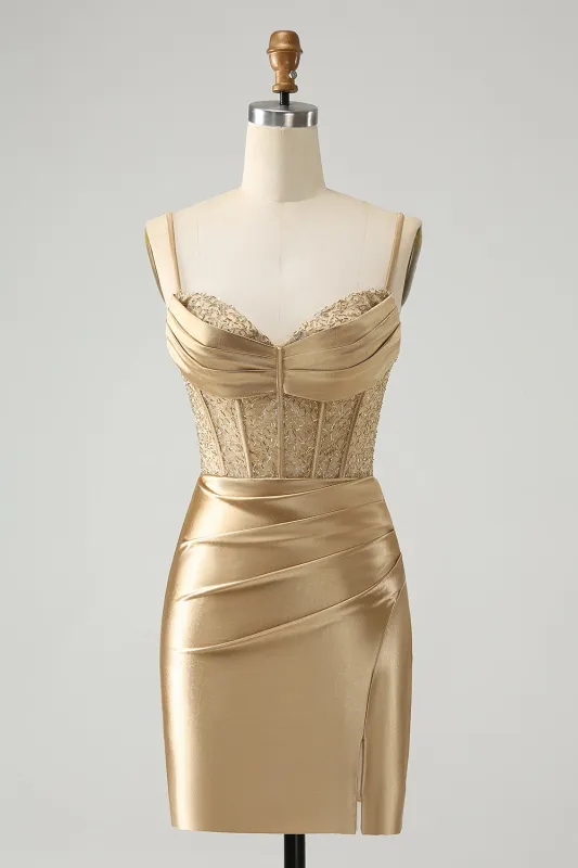 Classy Gold Bodycon Corset Short Homecoming Dress with Lace Up Back sold by Wedtrend