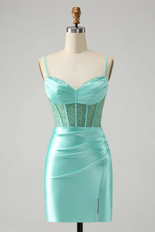 Stylish Light Green Bodycon Lace Up Back Corset Short Homecoming Dress with Slit sold by Wedtrend