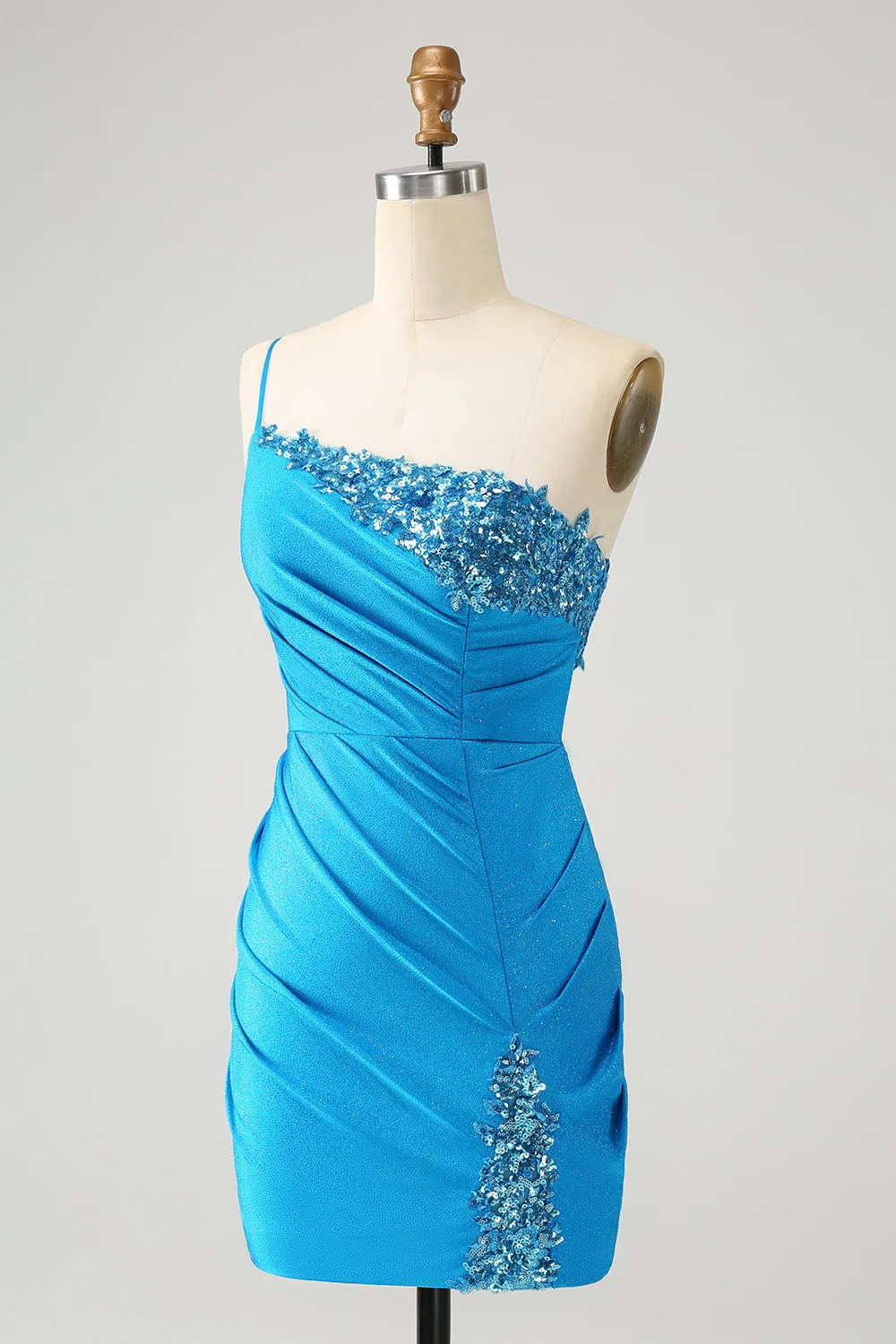 Sparkly Blue Bodycon One Shoulder Pleated Short Homecoming Dress with Sequins sold by Wedtrend product image thumbnail 3