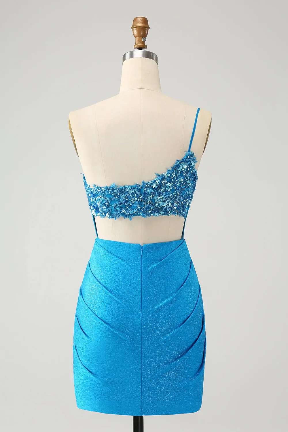 Sparkly Blue Bodycon One Shoulder Pleated Short Homecoming Dress with Sequins sold by Wedtrend product image thumbnail 2