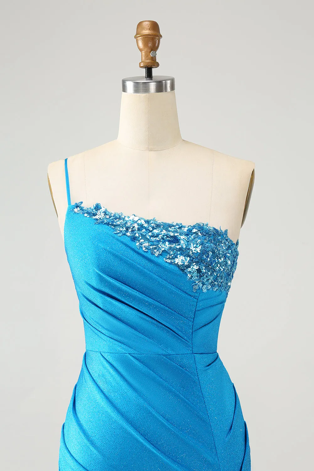 Sparkly Blue Bodycon One Shoulder Pleated Short Homecoming Dress with Sequins sold by Wedtrend product image thumbnail 4
