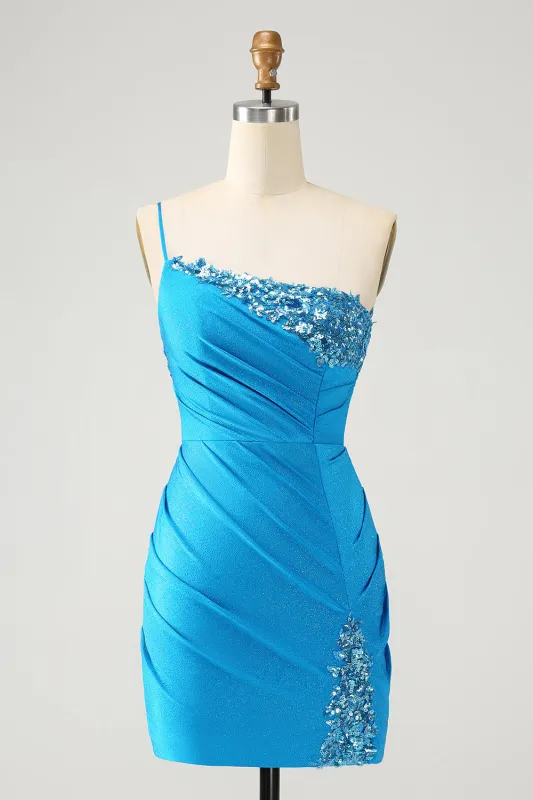 Sparkly Blue Bodycon One Shoulder Pleated Short Homecoming Dress with Sequins sold by Wedtrend