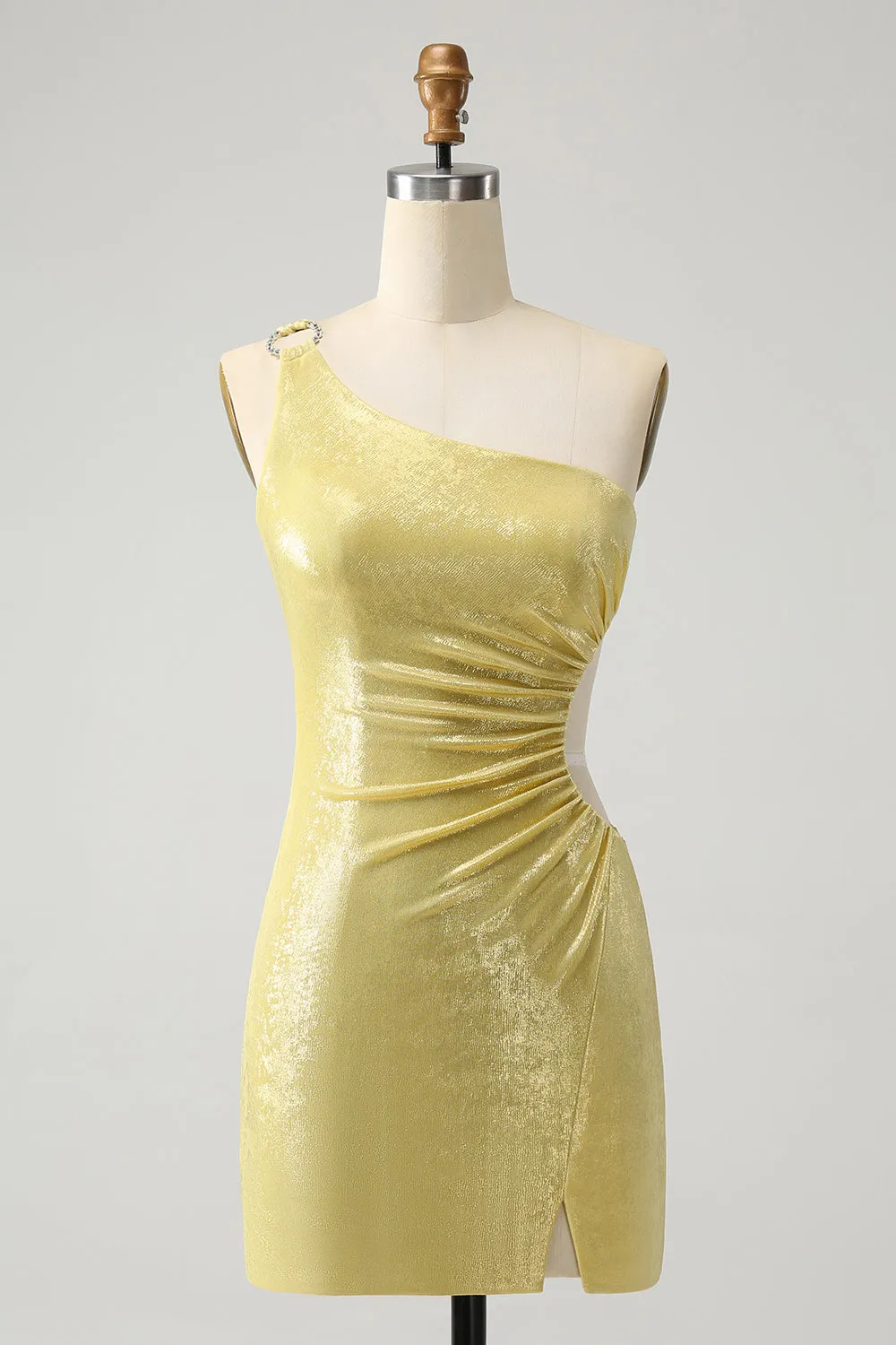 Sparkly Yellow Bodycon One Shoulder Hollow Out Pleated Metallic Homecoming Dress sold by Wedtrend