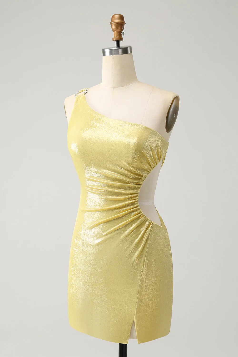 Sparkly Yellow Bodycon One Shoulder Hollow Out Pleated Metallic Homecoming Dress sold by Wedtrend product image thumbnail 3