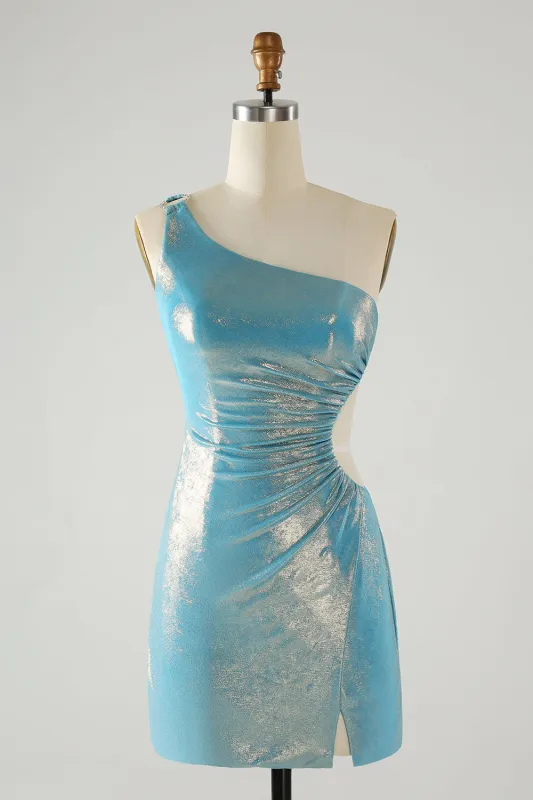Sparkly Blue Tight One Shoulder Hollow Out Pleated Metallic Homecoming Dress With Slit sold by Wedtrend
