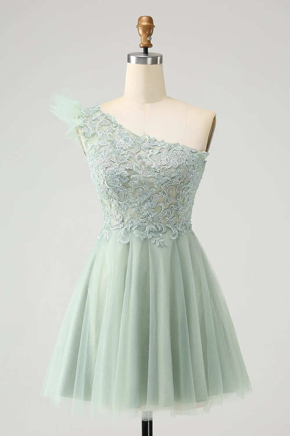 Dusty Sage A Line One Shoulder Short Homecoming Dress with Beading sold by Wedtrend