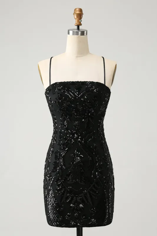 Black Bodycon Spaghetti Straps Lace Up Back Short Homecoming Dress with Sequins sold by Wedtrend