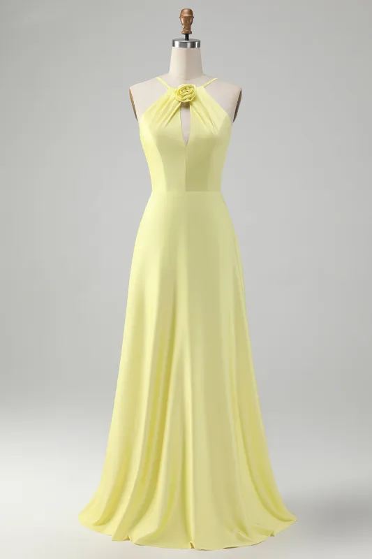 Stylish Yellow A Line Halter Pleated Long Bridesmaid Dress with Flower sold by Wedtrend