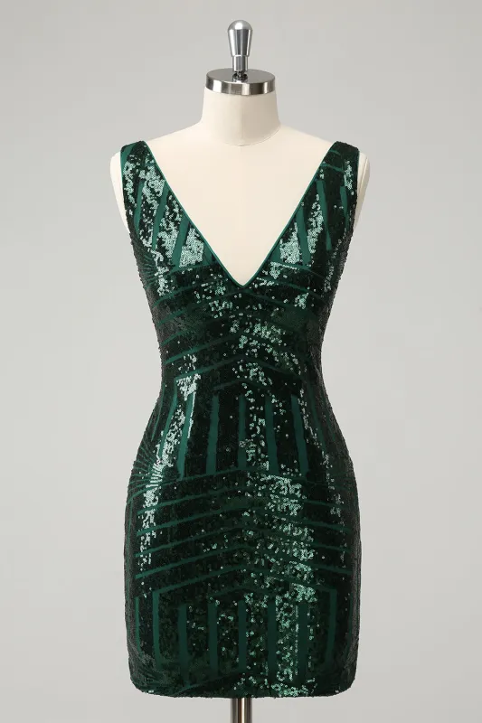 Stylish Dark Green Bodycon V Neck Sequin Short Homecoming Dress with Detachable Skirt sold by Wedtrend