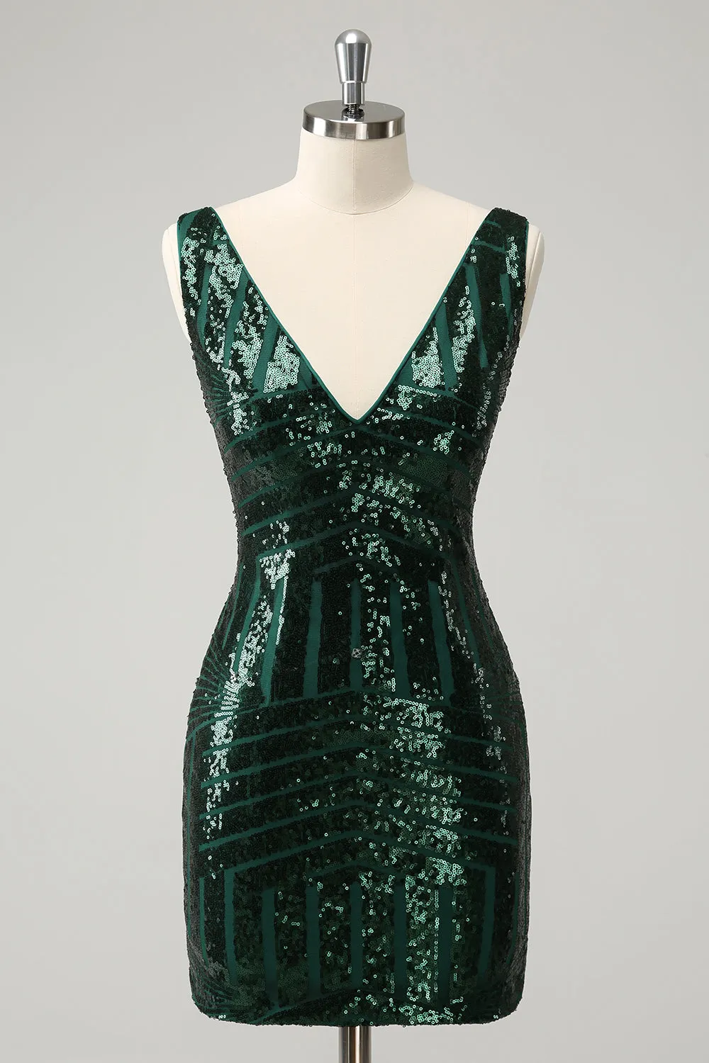Stylish Dark Green Bodycon V Neck Sequin Short Homecoming Dress with Detachable Skirt sold by Wedtrend