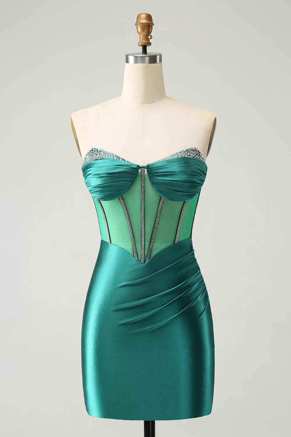 Stylish Dark Green Bodycon Sweetheart Pleated Corset Short Homecoming Dress with Beading sold by Wedtrend