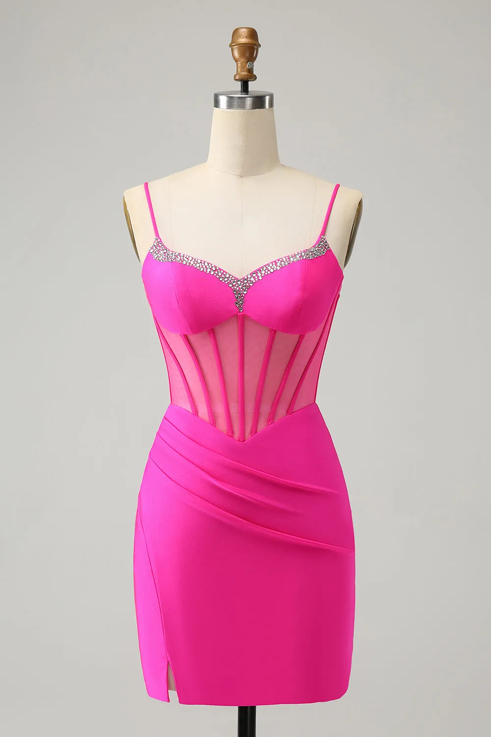 Stylish Fuchsia Bodycon Lace Up Back Beaded Corset Short Homecoming Dress with Slit sold by Wedtrend