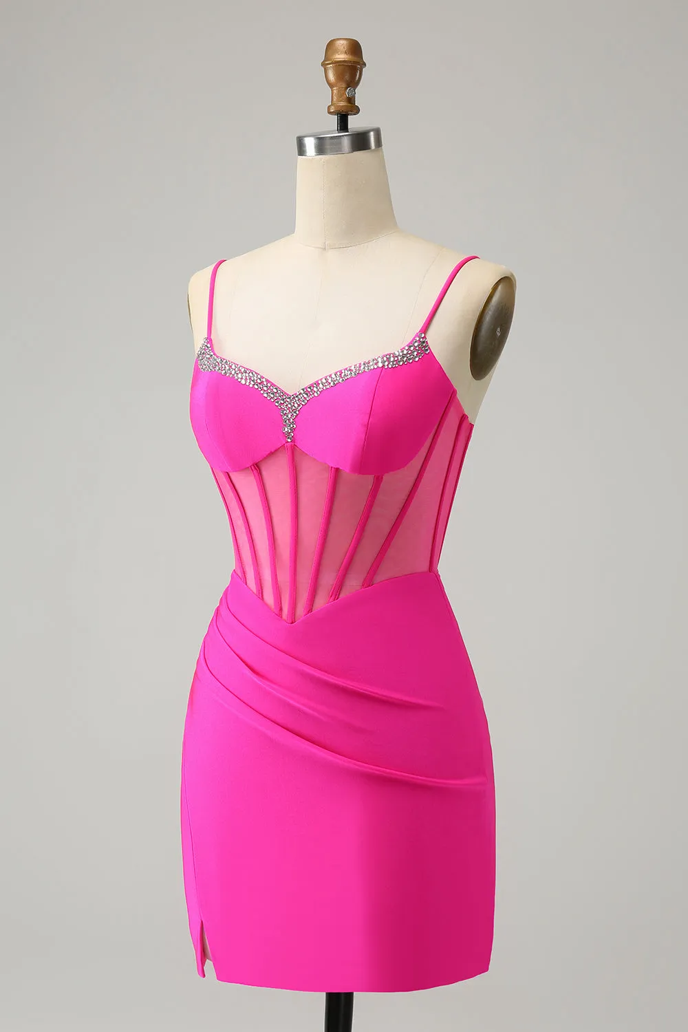Stylish Fuchsia Bodycon Lace Up Back Beaded Corset Short Homecoming Dress with Slit sold by Wedtrend product image thumbnail 5