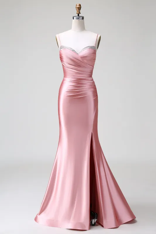 Blush Mermaid Spaghetti Straps Pleated Lace Up Satin Prom Dress with Slit sold by Wedtrend