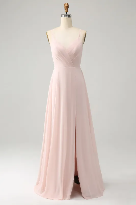 Pink A Line Spaghetti Straps Chiffon Long Bridesmaid Dress with Slit sold by Wedtrend