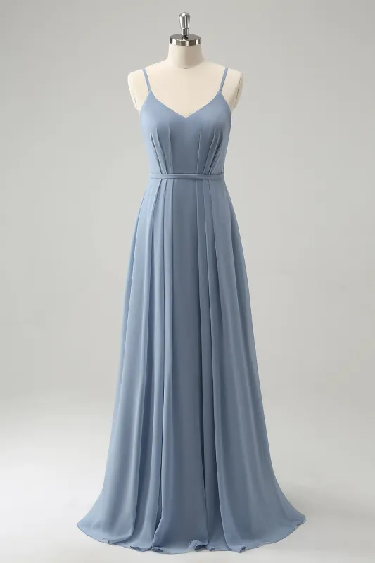 Grey Blue A Line Spaghetti Straps Pleated Long Bridesmaid Dress sold by Wedtrend