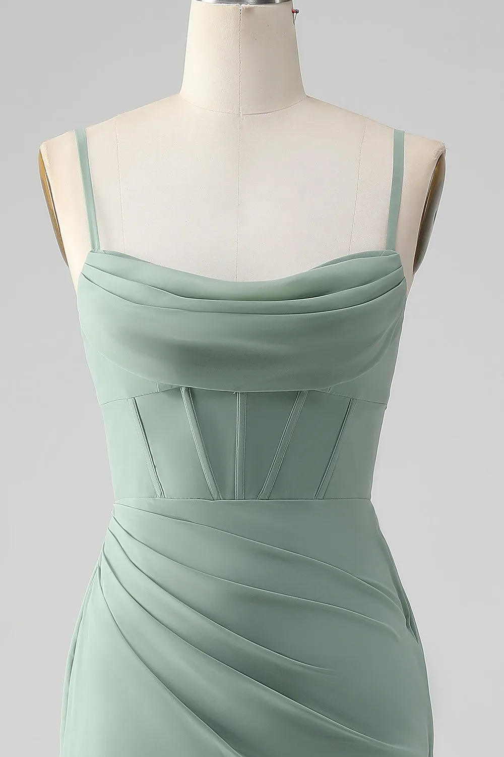 Grey Green Mermaid Spaghetti Straps Corset Long Bridesmaid Dress with Slit sold by Wedtrend product image thumbnail 4