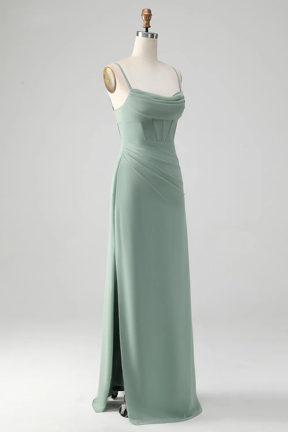 Grey Green Mermaid Spaghetti Straps Corset Long Bridesmaid Dress with Slit sold by Wedtrend product image thumbnail 3