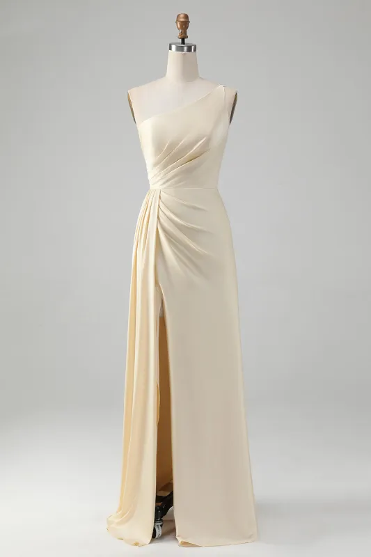 Champagne Sheath One Shoulder Pleated Long Bridesmaid Dress With Slit sold by Wedtrend