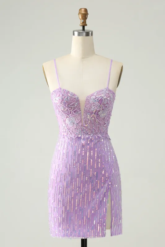Sparkly Lilac Bodycon Spaghetti Straps Sequins Mini Homecoming Dress with Slit made by Wedtrend
