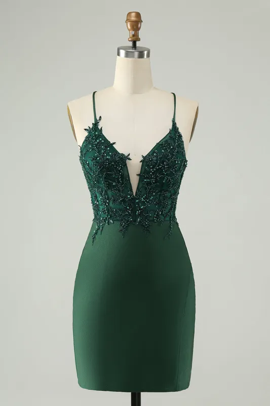 Stylish Dark Green Bodycon V Neck Short Homecoming Dress with Beading made by Wedtrend