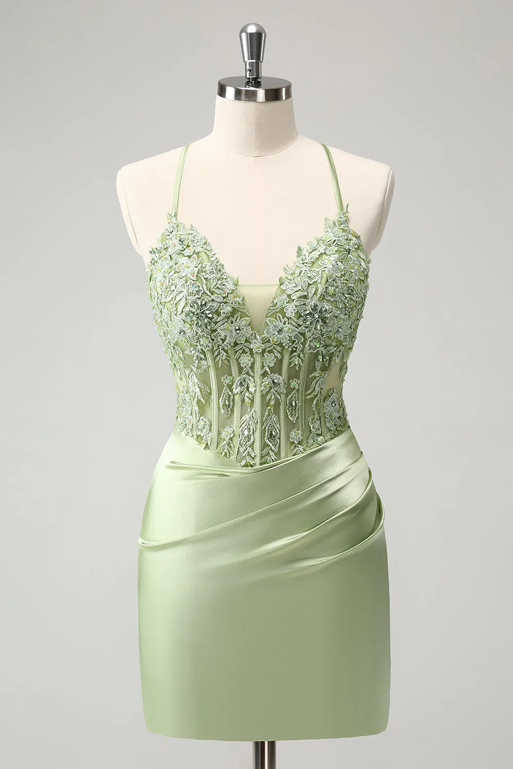 Stylish Green Sheath Criss Cross Back Corset Short Homecoming Dress with Appliques sold by Wedtrend