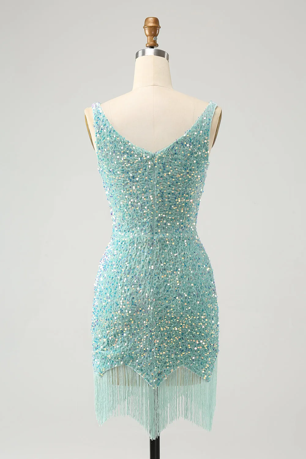 Sparkly Sage Bodycon Spaghetti Straps Sequin Short Homecoming Dress with Tassels sold by Wedtrend product image thumbnail 2