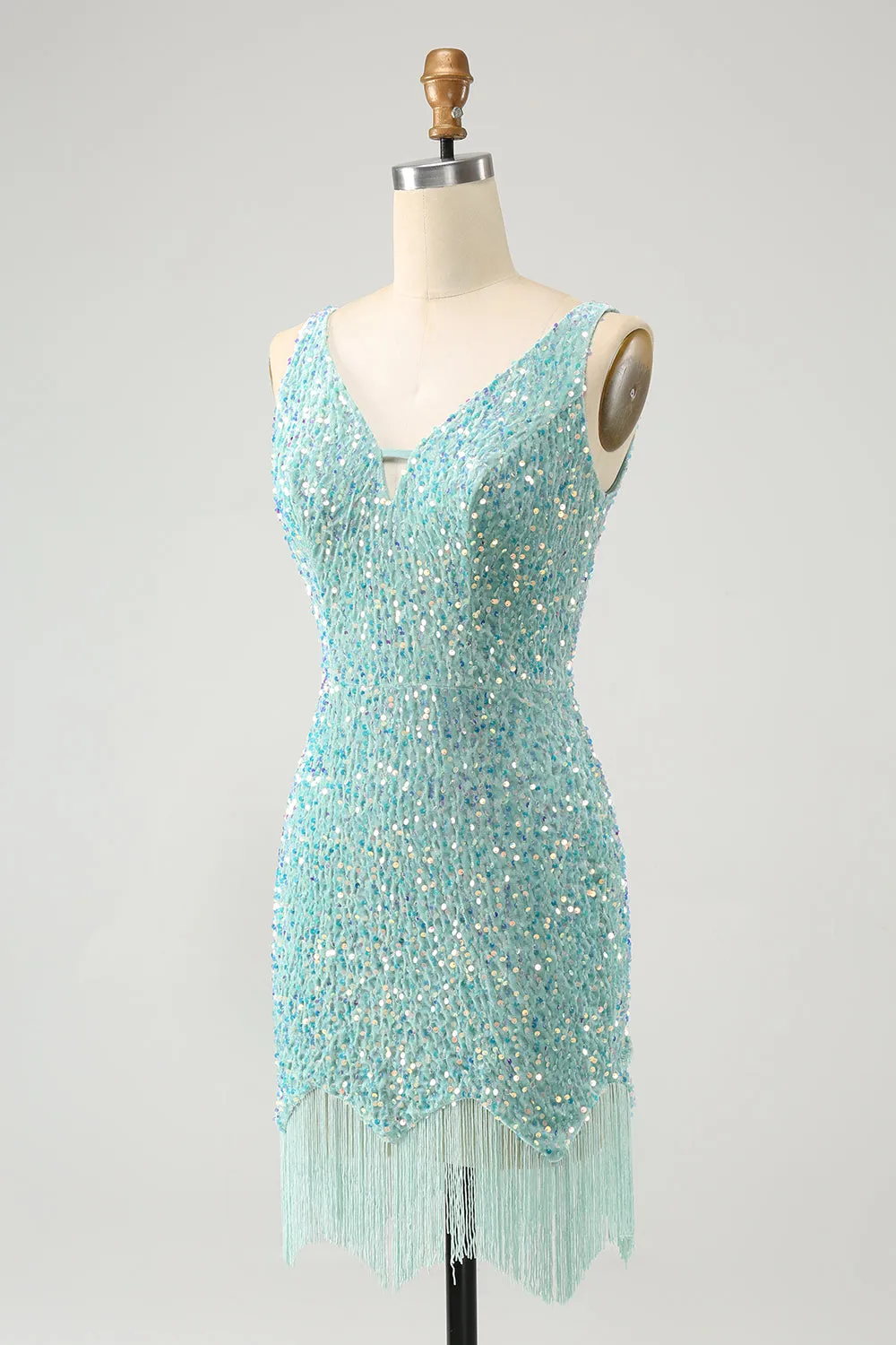 Sparkly Sage Bodycon Spaghetti Straps Sequin Short Homecoming Dress with Tassels sold by Wedtrend product image thumbnail 3