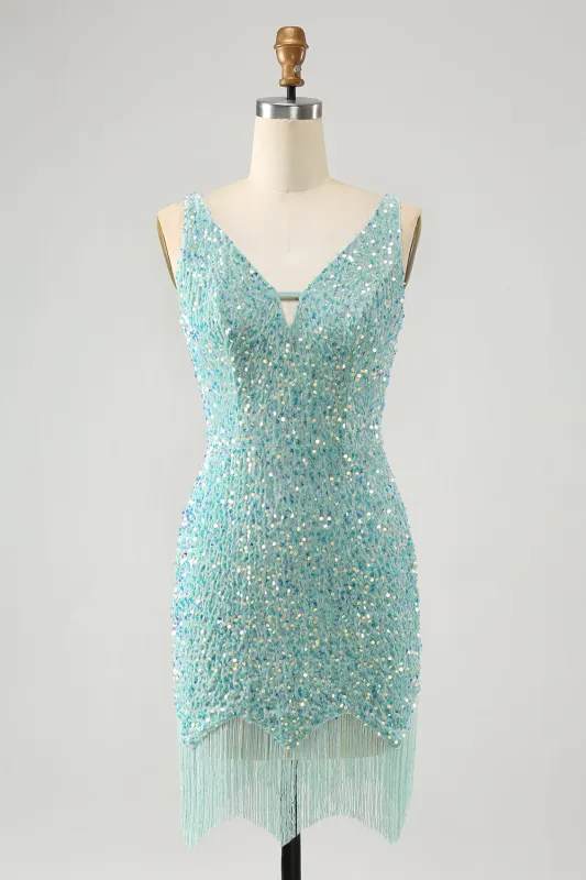 Sparkly Sage Bodycon Spaghetti Straps Sequin Short Homecoming Dress with Tassels sold by Wedtrend
