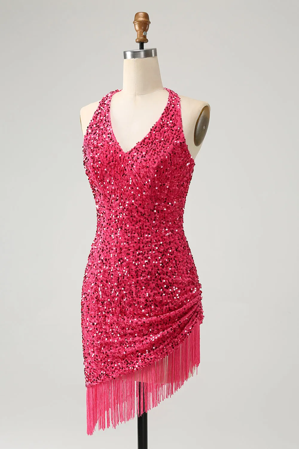 Sparkly Fuchsia Bodycon Halter Sequin Short Homecoming Dress with Tassels sold by Wedtrend product image thumbnail 3