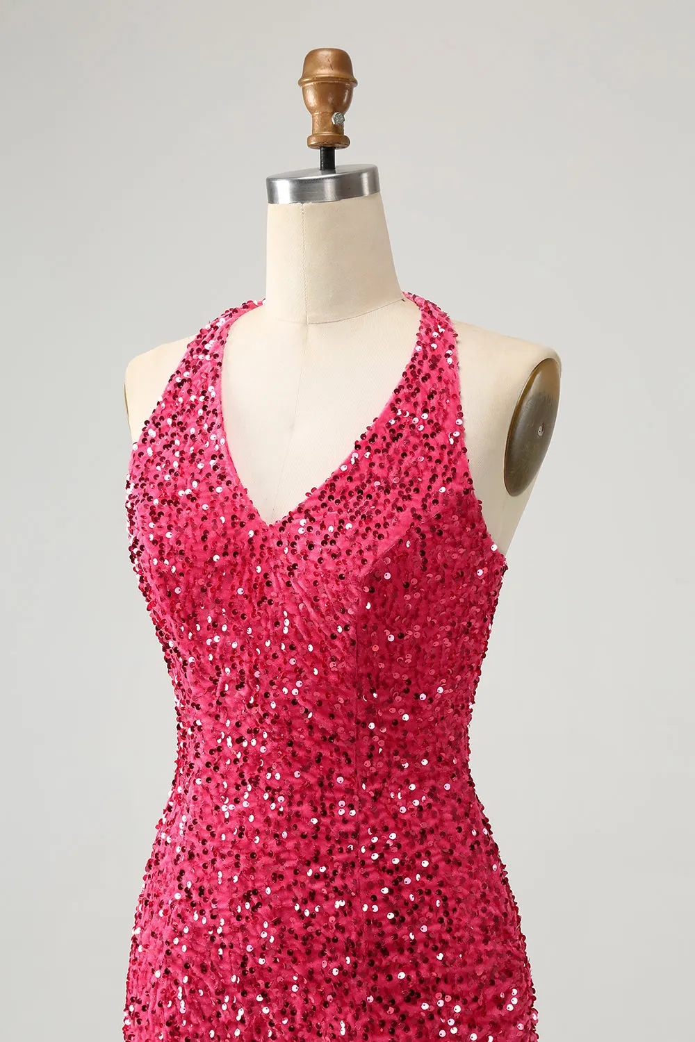 Sparkly Fuchsia Bodycon Halter Sequin Short Homecoming Dress with Tassels sold by Wedtrend product image thumbnail 5