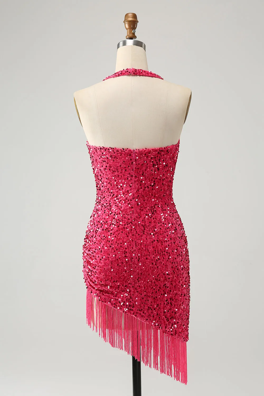 Sparkly Fuchsia Bodycon Halter Sequin Short Homecoming Dress with Tassels sold by Wedtrend product image thumbnail 2