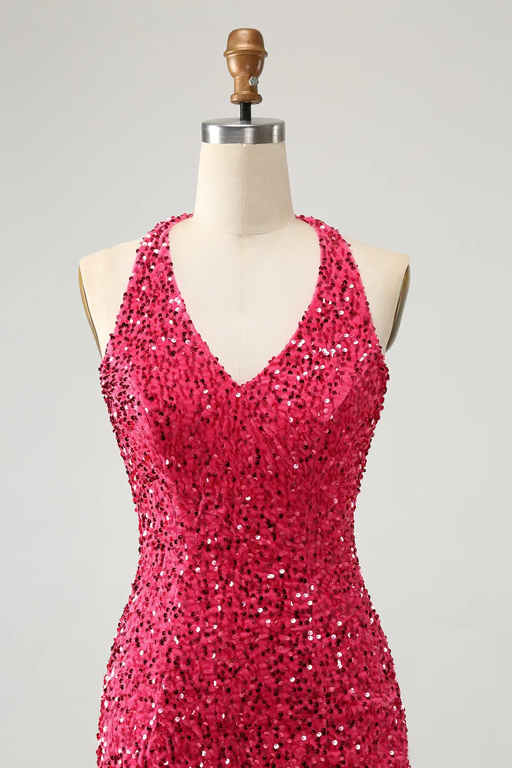 Sparkly Fuchsia Bodycon Halter Sequin Short Homecoming Dress with Tassels sold by Wedtrend product image thumbnail 4