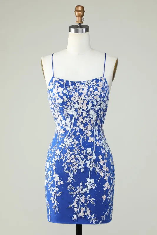 Royal Blue Bodycon Spaghetti Straps Short Homecoming Dress With Appliques sold by Wedtrend