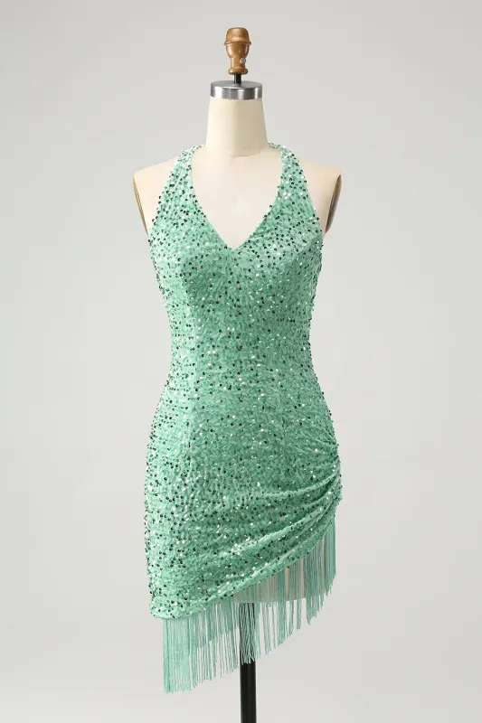 Glitter Sage Bodycon Halter Sequin Short Homecoming Dress with Tassels sold by Wedtrend