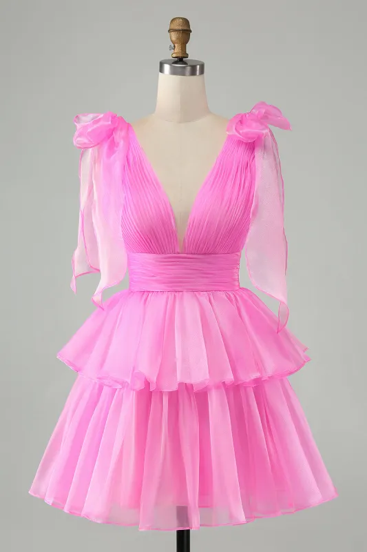 Cute Hot Pink A Line V Neck Backless Pleated Tiered Short Homecoming Dress sold by Wedtrend