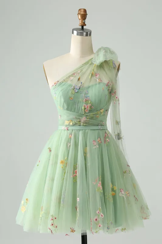 Light Green A Line One Shoulder Tulle Homecoming Dress with Floral Embroidery made by Wedtrend