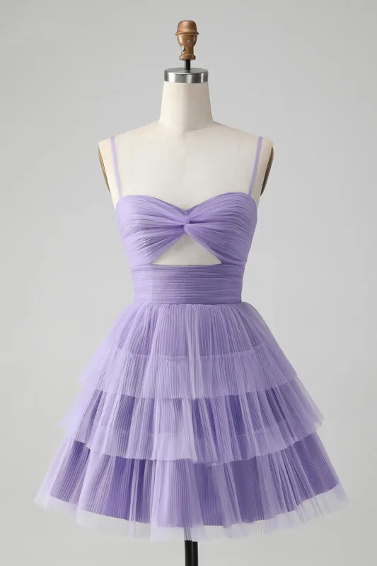 Cute Purple A Line Spaghetti Straps Short Tiered Homecoming Dress with Hollow Out sold by Wedtrend