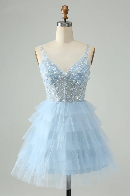 Cute Sky Blue A Line Spaghetti Straps Tiered Short Homecoming Dress with Sequins made by Wedtrend