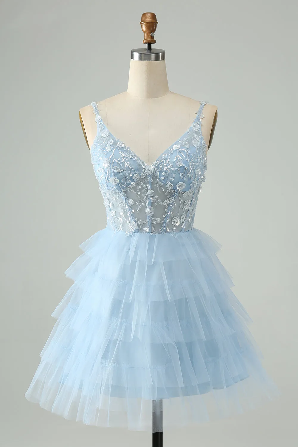 Cute Sky Blue A Line Spaghetti Straps Tiered Short Homecoming Dress with Sequins sold by Wedtrend