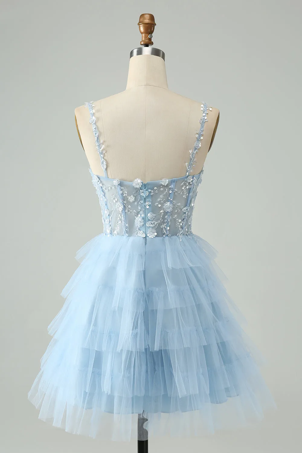 Cute Sky Blue A Line Spaghetti Straps Tiered Short Homecoming Dress with Sequins sold by Wedtrend product image thumbnail 2