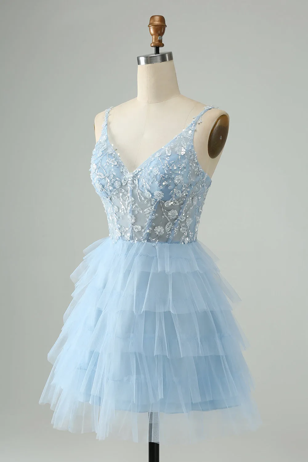 Cute Sky Blue A Line Spaghetti Straps Tiered Short Homecoming Dress with Sequins sold by Wedtrend product image thumbnail 3