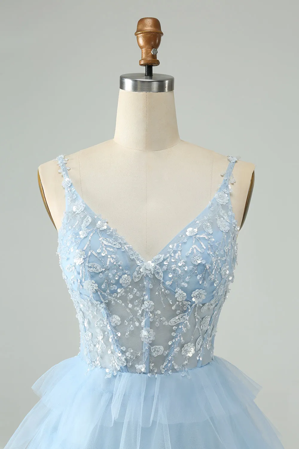 Cute Sky Blue A Line Spaghetti Straps Tiered Short Homecoming Dress with Sequins sold by Wedtrend product image thumbnail 4
